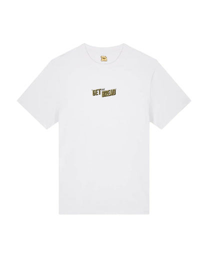 White t-shirt with 'GET THE BREAD' text on a white background