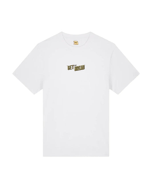 White t-shirt with 'GET THE BREAD' text on a white background