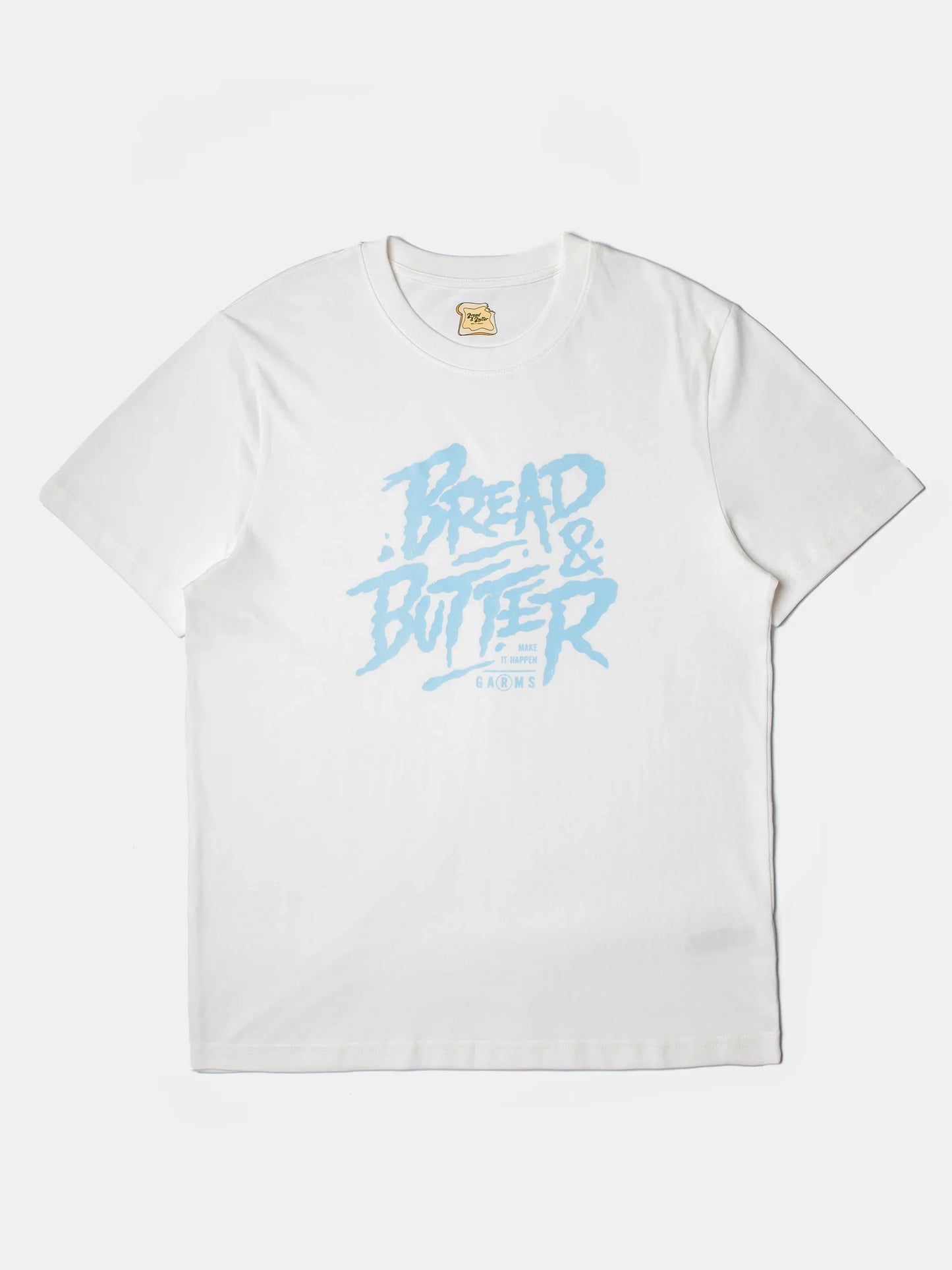 White t-shirt with blue text on a white background
