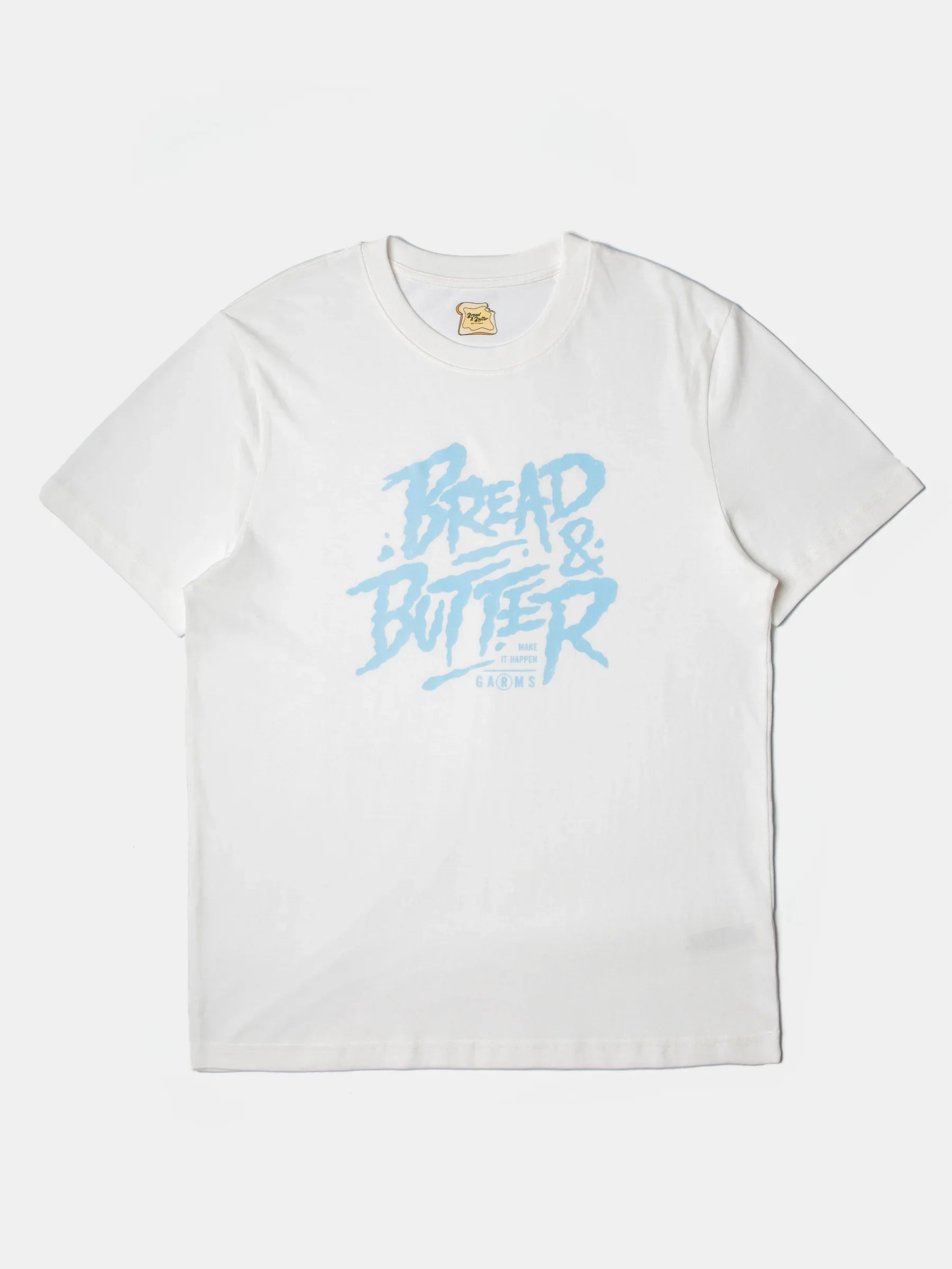 White t-shirt with blue text on a white background