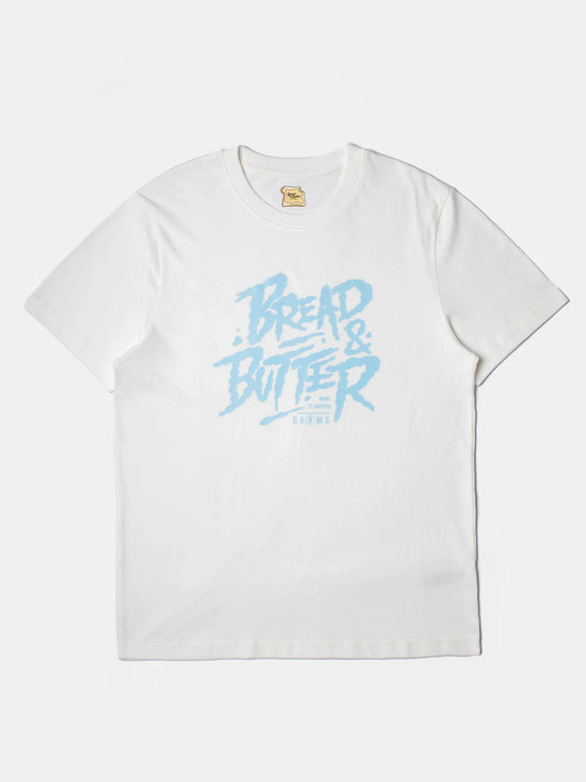 White t-shirt with blue text on a white background